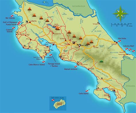 costa rica travel map with volcanoes